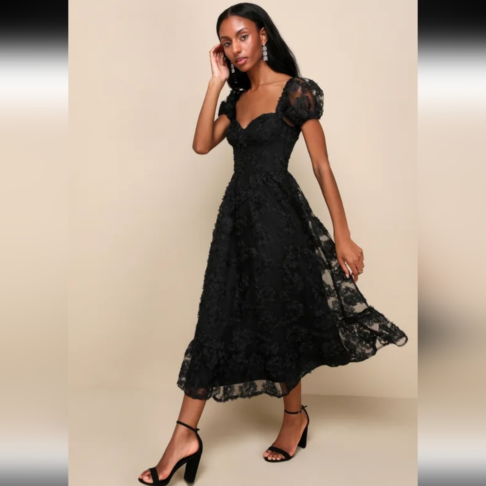 Lulu's Elegant Black 3D Lace Applique Dress
